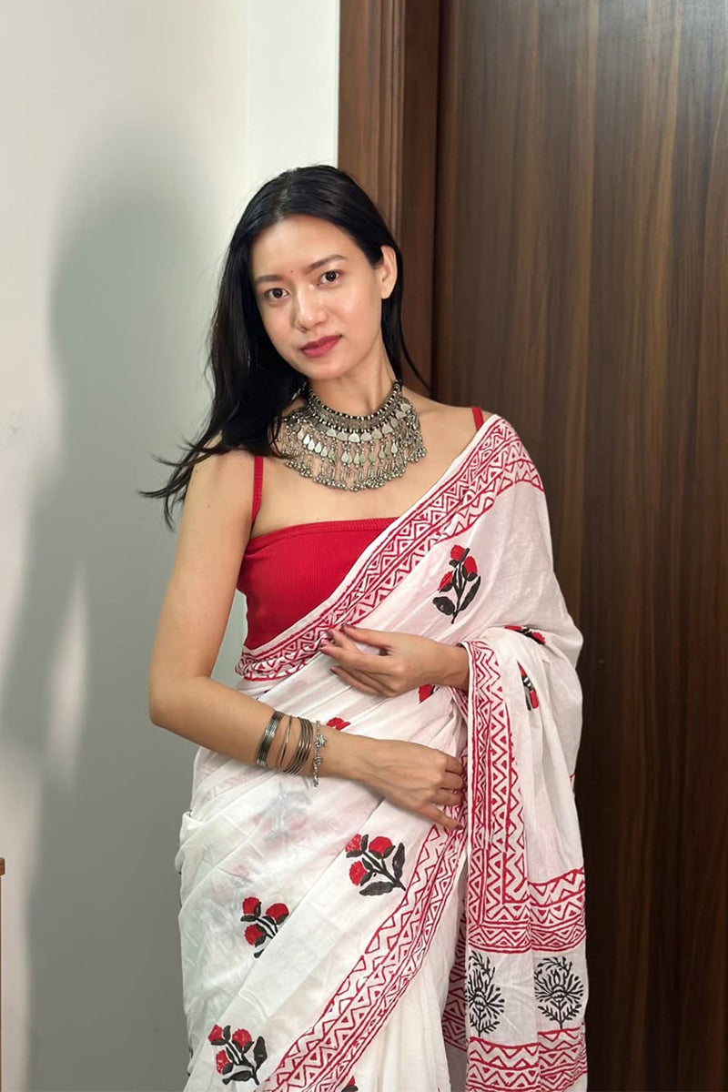 Surreptitious 1 Minute Ready To Wear White Mul Cotton Digital Printed Saree With Pocket