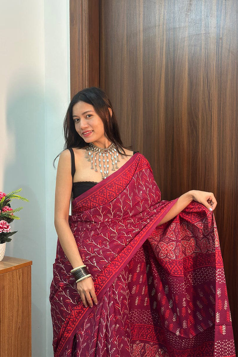 Smart 1 Minute Ready To Wear Dark Pink Mul Cotton Digital Printed Saree With Pocket