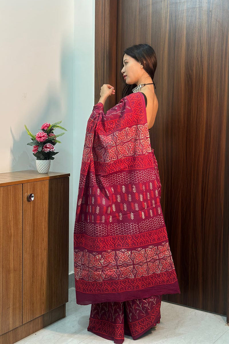 Smart 1 Minute Ready To Wear Dark Pink Mul Cotton Digital Printed Saree With Pocket