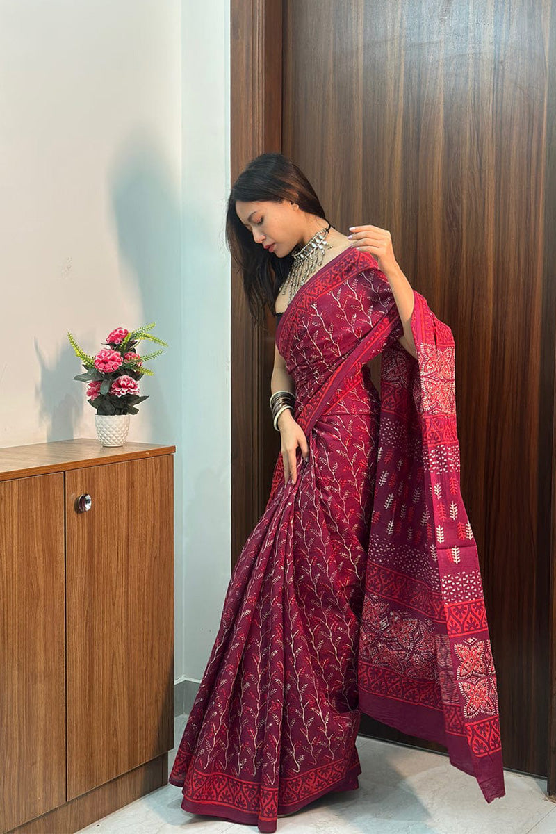Smart 1 Minute Ready To Wear Dark Pink Mul Cotton Digital Printed Saree With Pocket