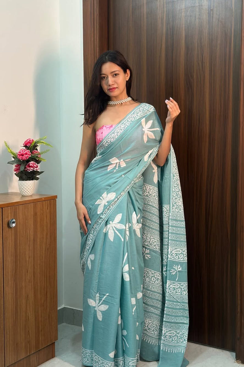 Vestigial 1 Minute Ready To Wear Sky Mul Cotton Digital Printed Saree With Pocket