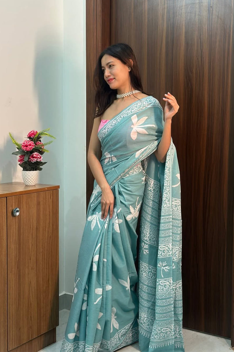 Vestigial 1 Minute Ready To Wear Sky Mul Cotton Digital Printed Saree With Pocket