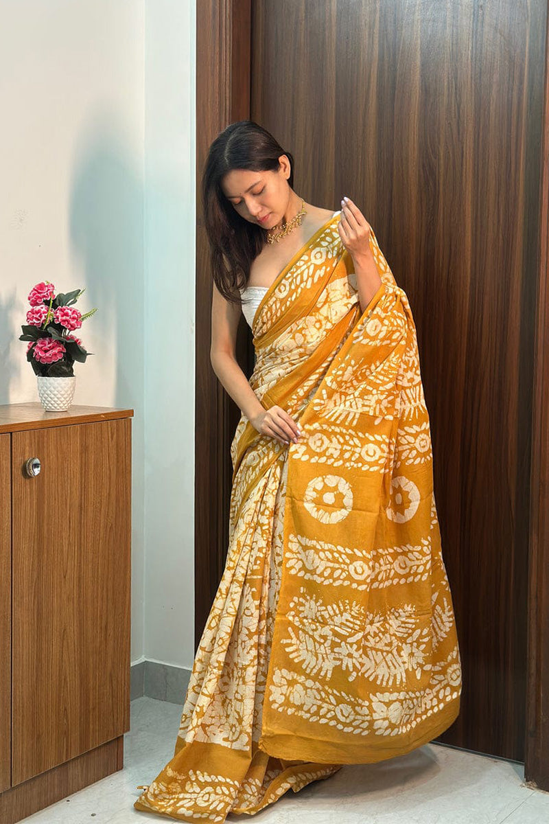 Amiable 1 Minute Ready To Wear Mustard Mul Cotton Digital Printed Saree With Pocket