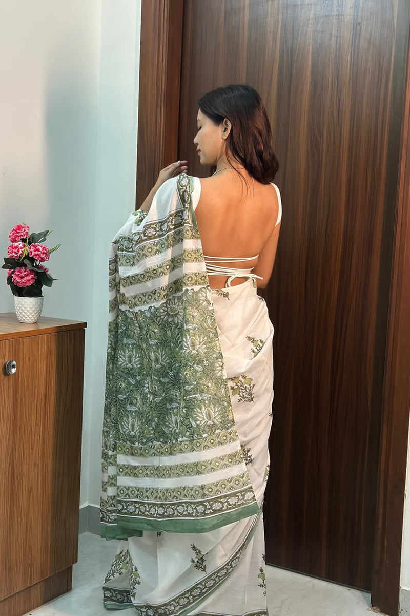 Cynosure 1 Minute Ready To Wear White  Mul Cotton Digital Printed Saree With Pocket