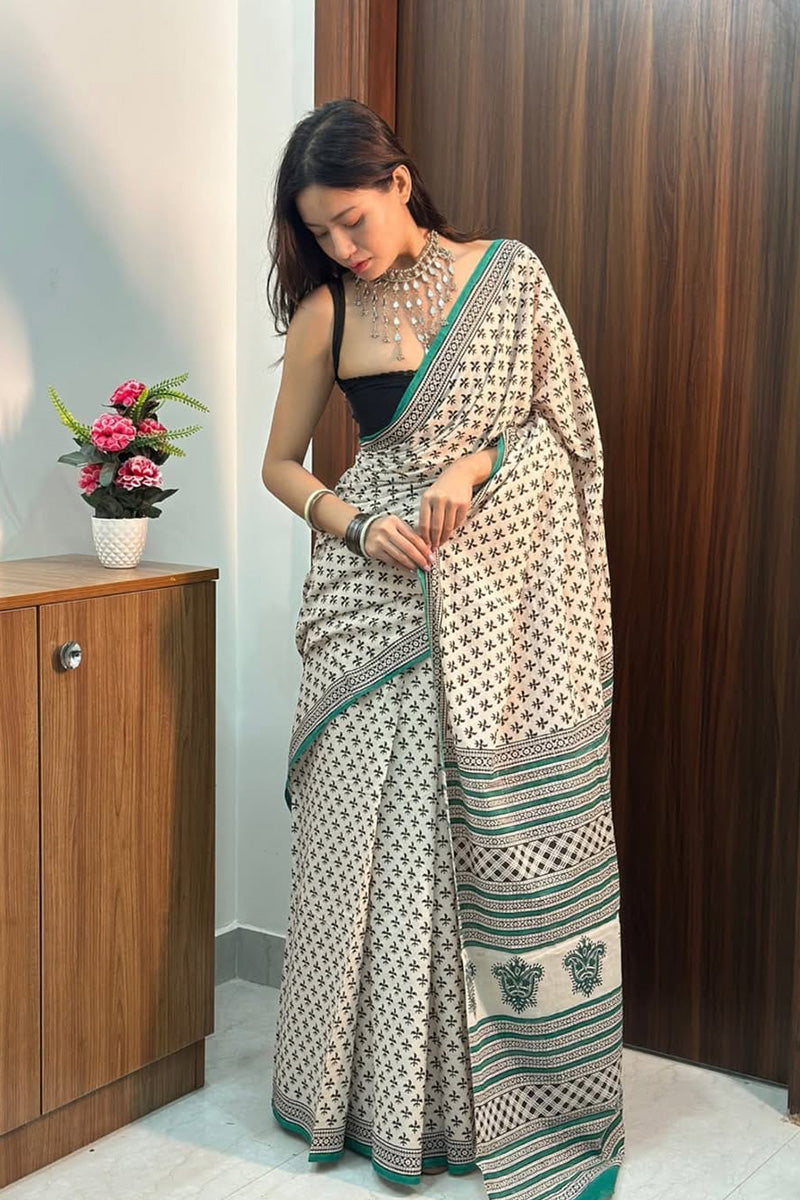Enchanting 1 Minute Ready To Wear Off White Mul Cotton Digital Printed Saree With Pocket