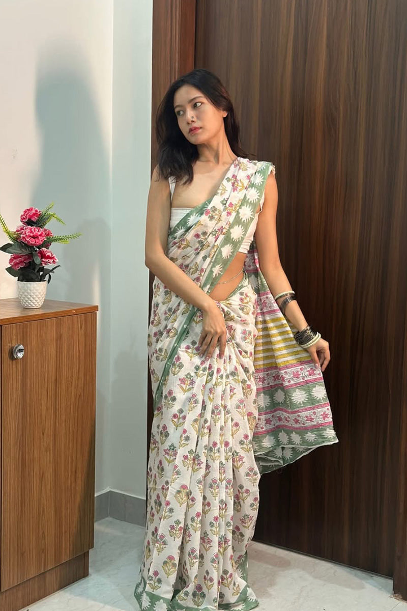 Fragrant 1 Minute Ready To Wear Off White Mul Cotton Digital Printed Saree With Pocket