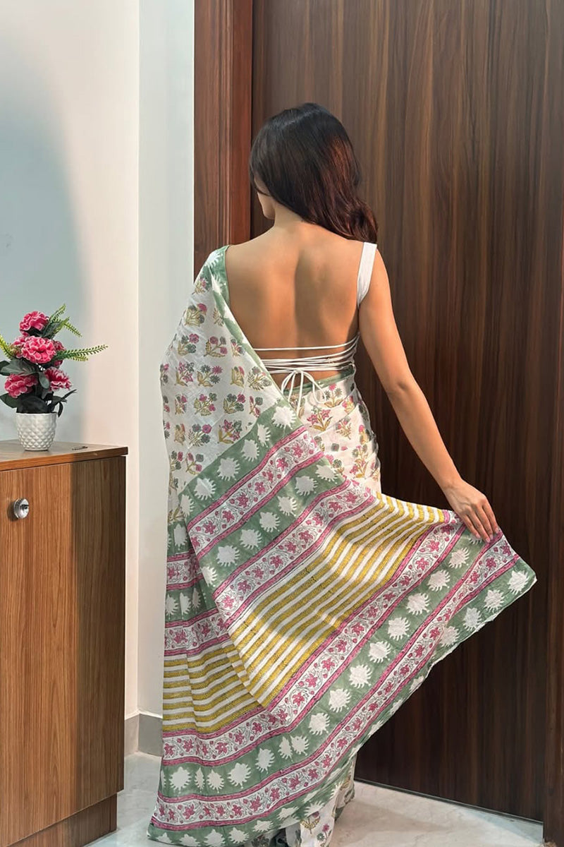 Fragrant 1 Minute Ready To Wear Off White Mul Cotton Digital Printed Saree With Pocket