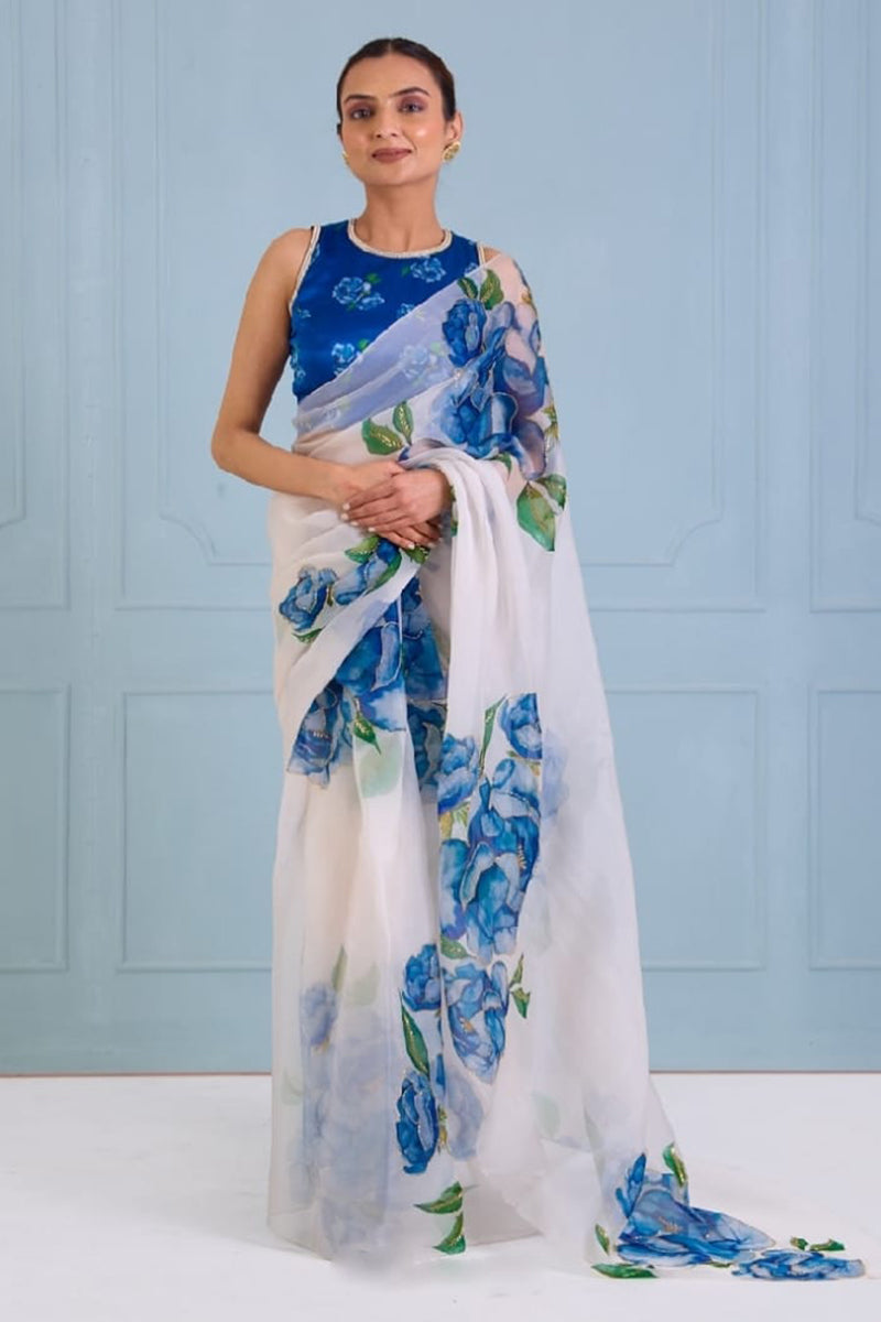 Eye-catching 1 Minute Ready To Wear White Organza Saree