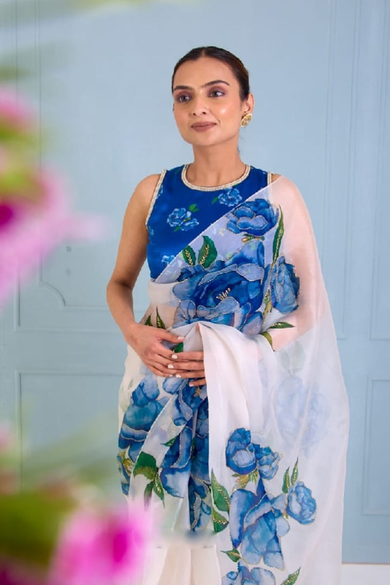 Eye-catching 1 Minute Ready To Wear White Organza Saree