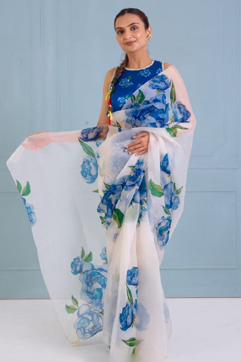 Eye-catching 1 Minute Ready To Wear White Organza Saree