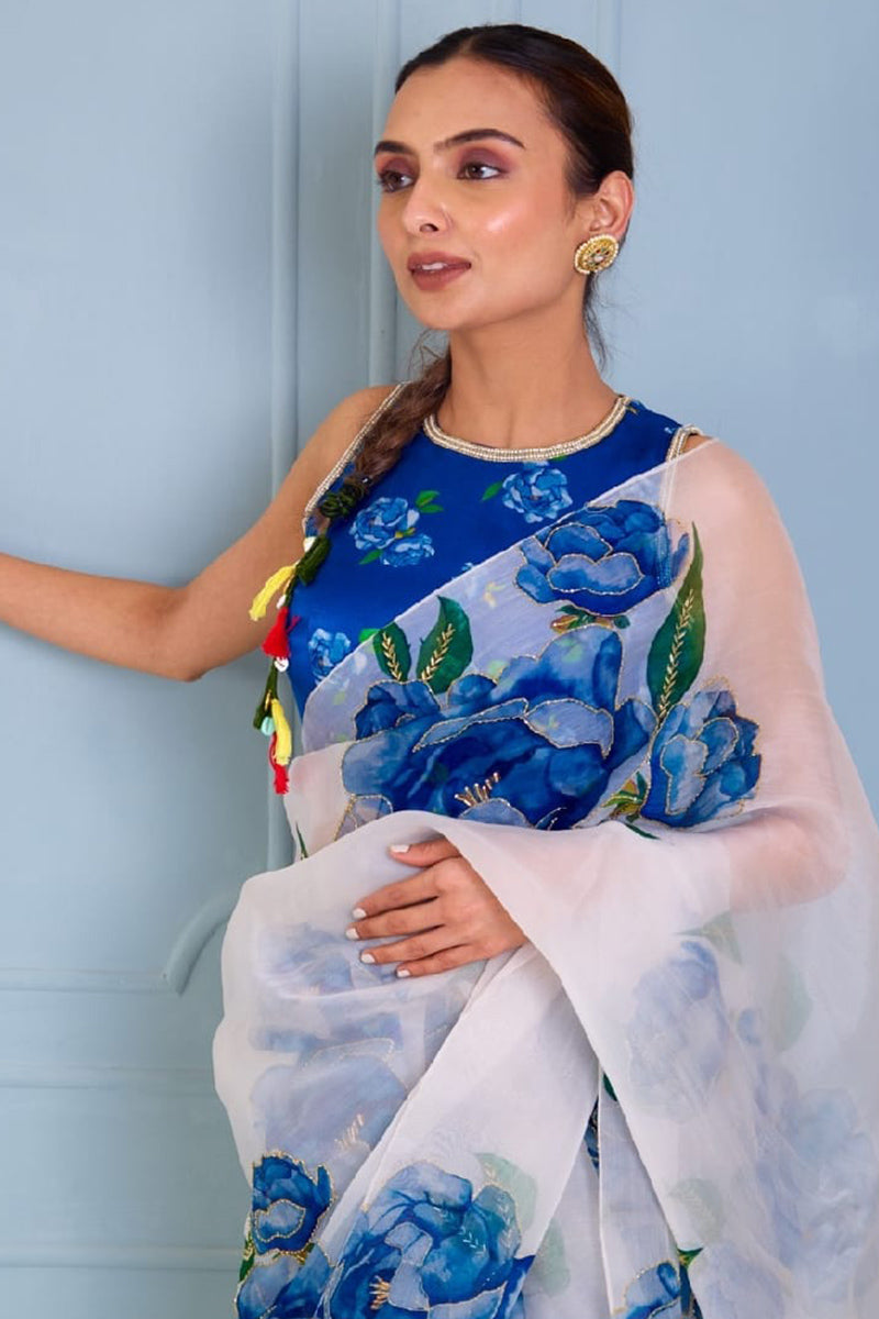 Eye-catching 1 Minute Ready To Wear White Organza Saree