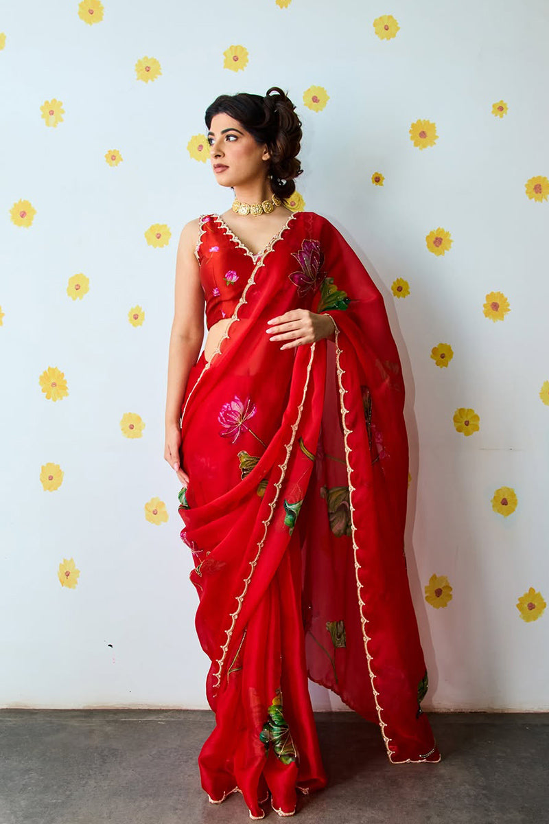 Intricate 1 Minute Ready To Wear Red Organza Saree