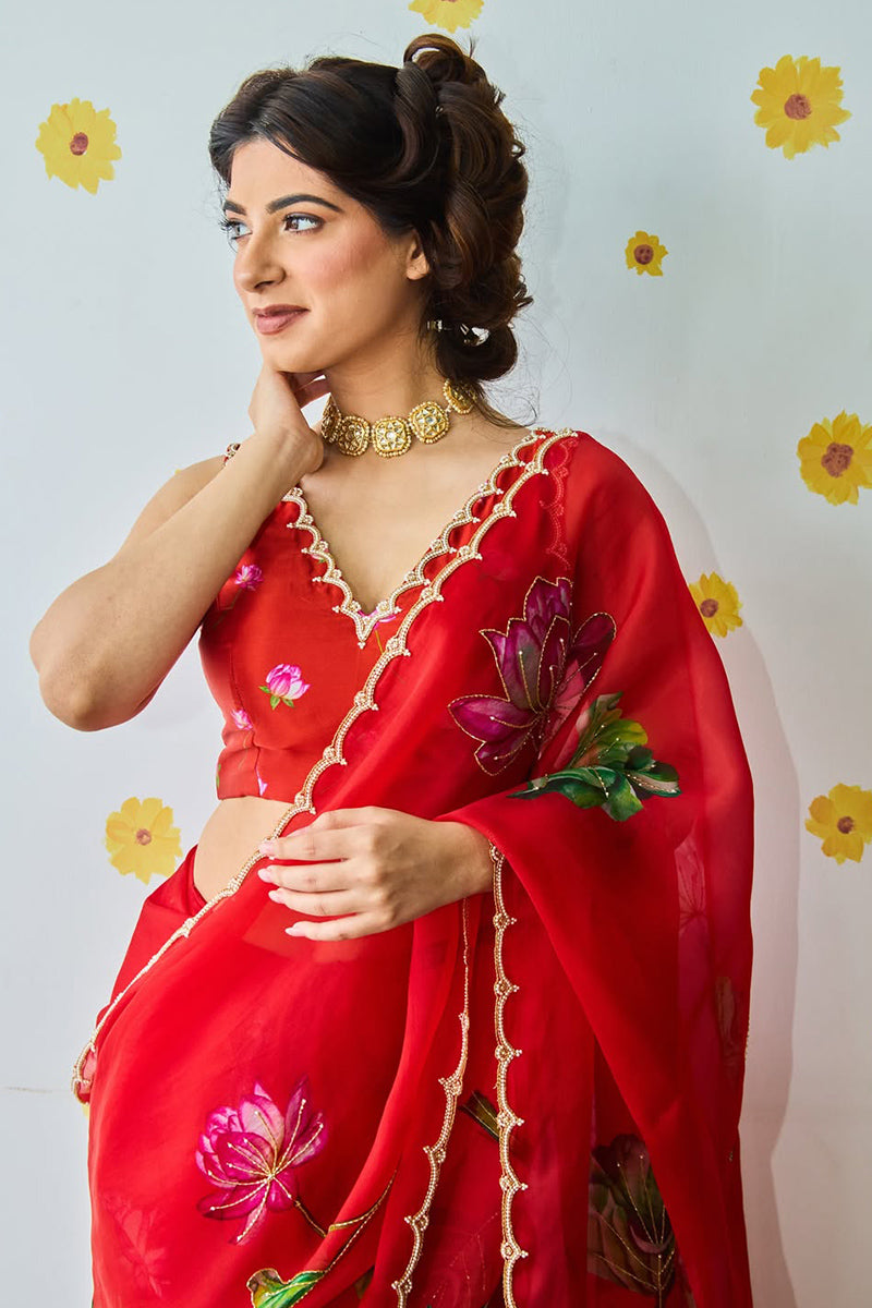 Intricate 1 Minute Ready To Wear Red Organza Saree