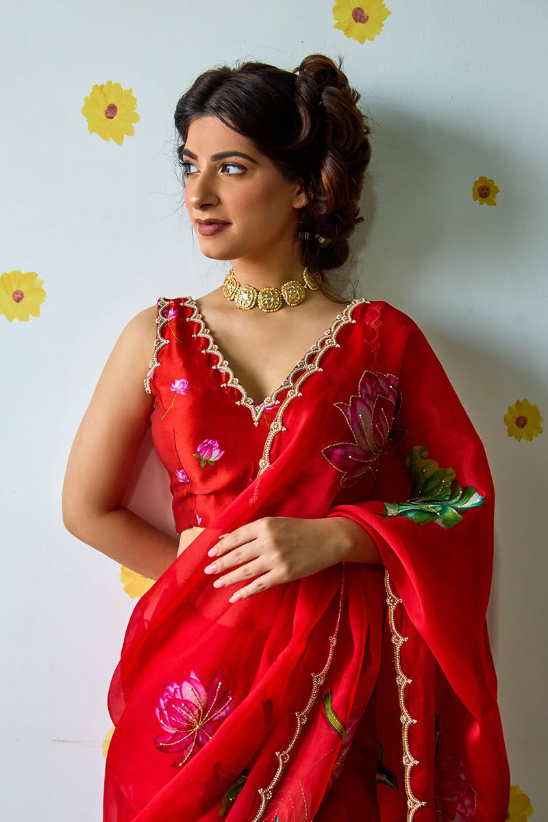 Intricate 1 Minute Ready To Wear Red Organza Saree