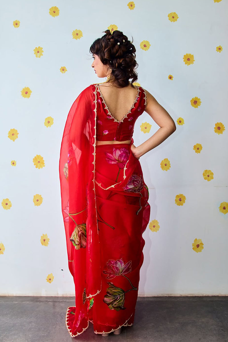 Intricate 1 Minute Ready To Wear Red Organza Saree