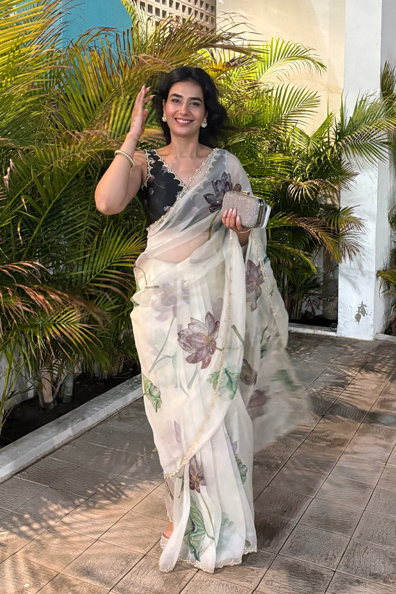 Sumptuous 1 Minute Ready To Wear White Organza Saree