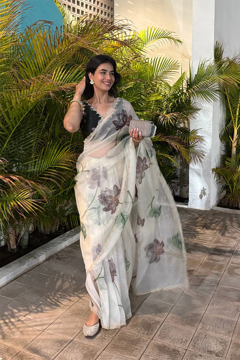 Sumptuous 1 Minute Ready To Wear White Organza Saree