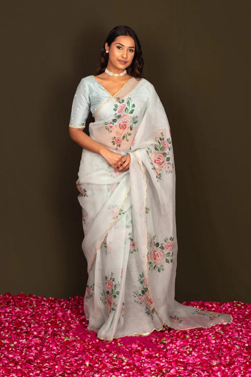 Sumptuous 1 Minute Ready To Wear White Organza Saree