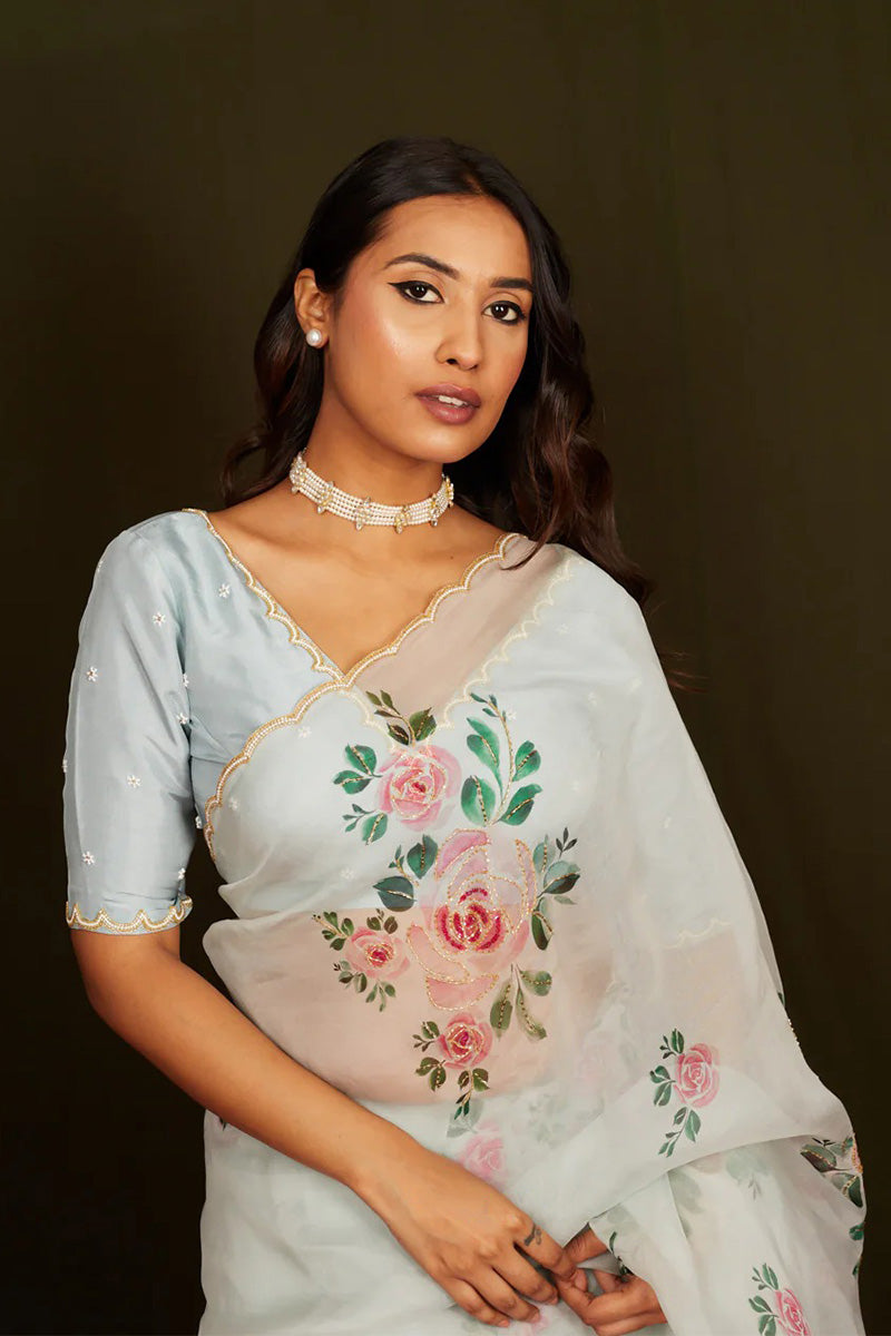 Sumptuous 1 Minute Ready To Wear White Organza Saree