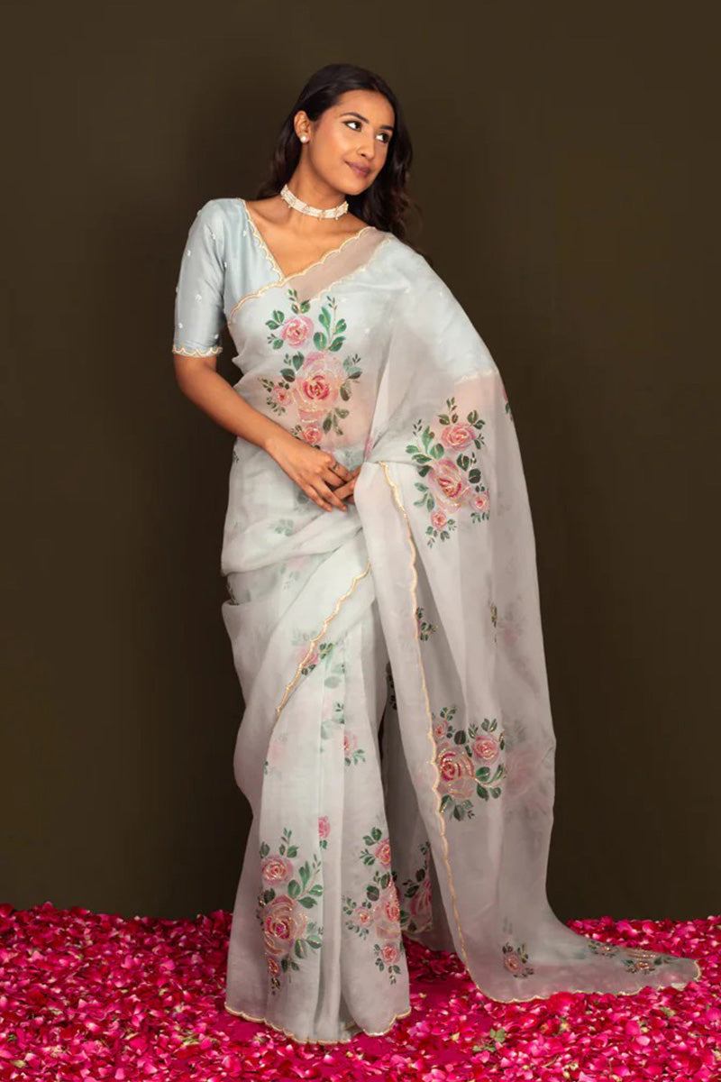 Sumptuous 1 Minute Ready To Wear White Organza Saree