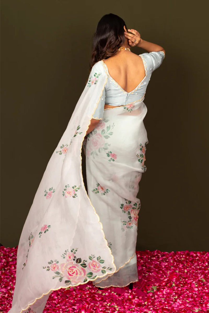 Sumptuous 1 Minute Ready To Wear White Organza Saree