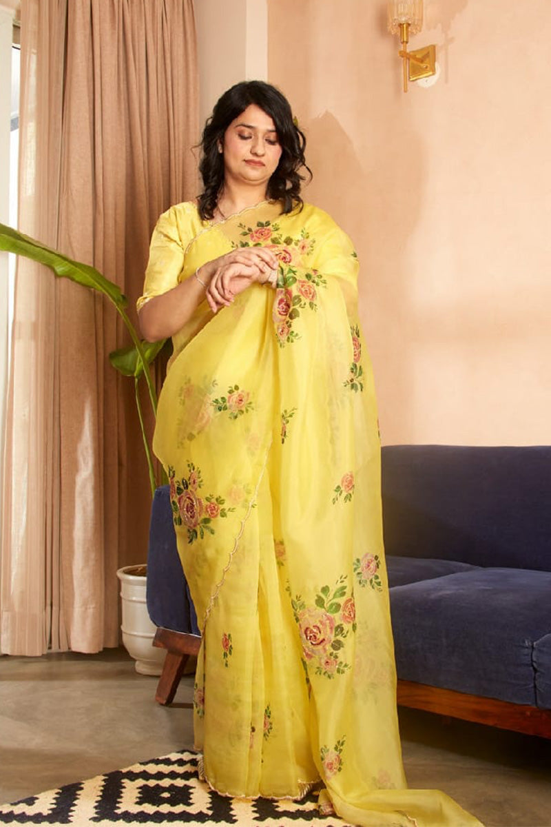 Most Stunning 1 Minute Ready To Wear Yellow Organza Saree
