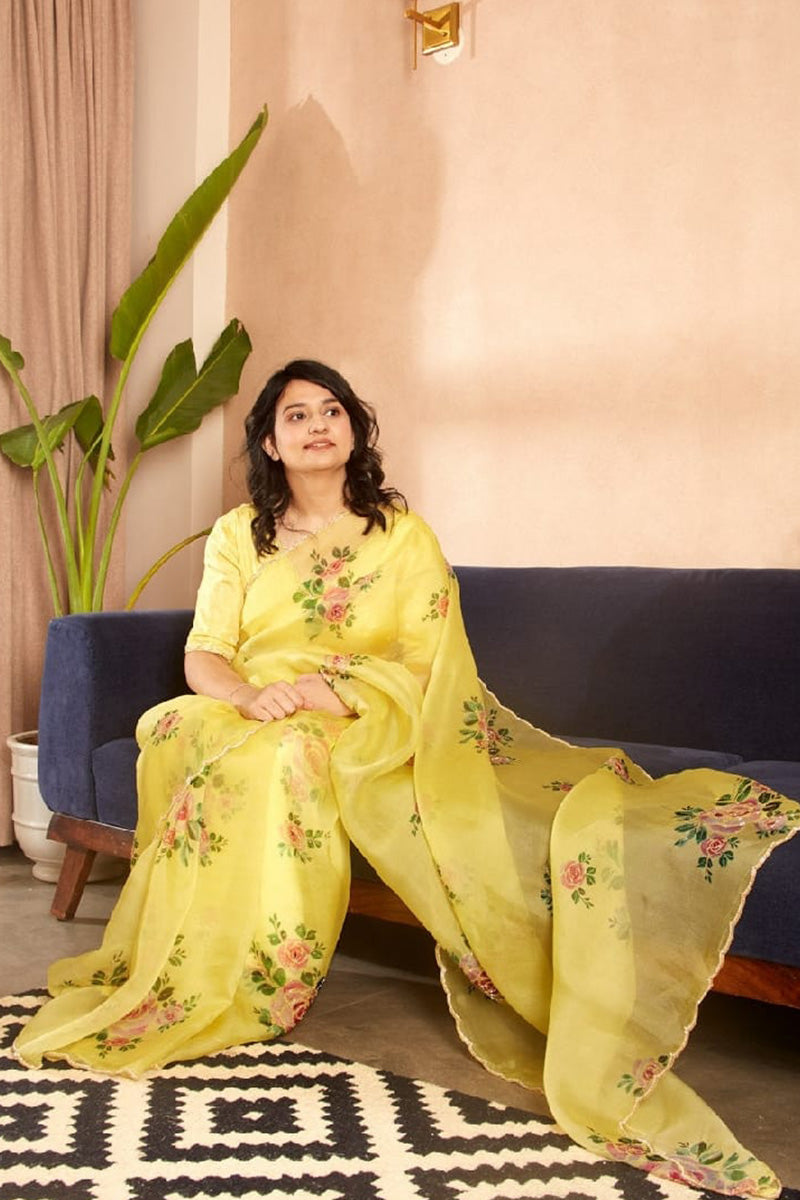 Most Stunning 1 Minute Ready To Wear Yellow Organza Saree