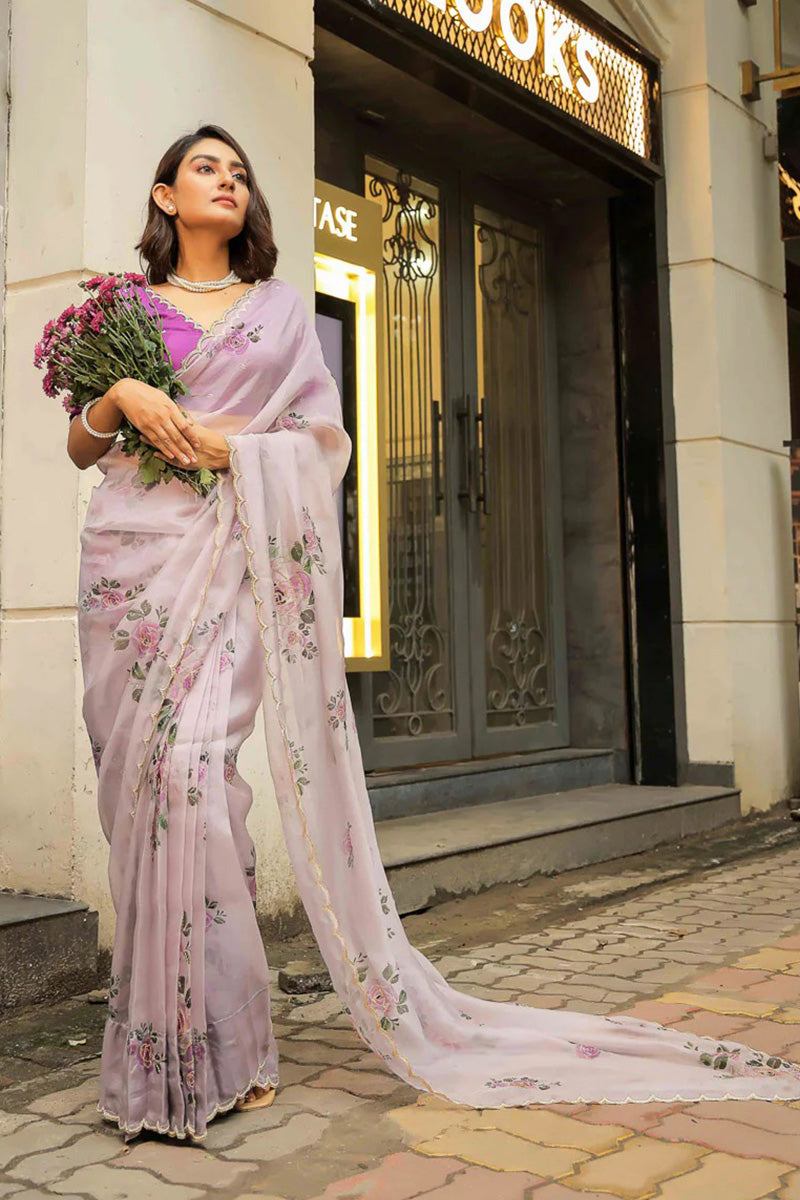 Gleaming 1 Minute Ready To Wear Lavender Organza Saree