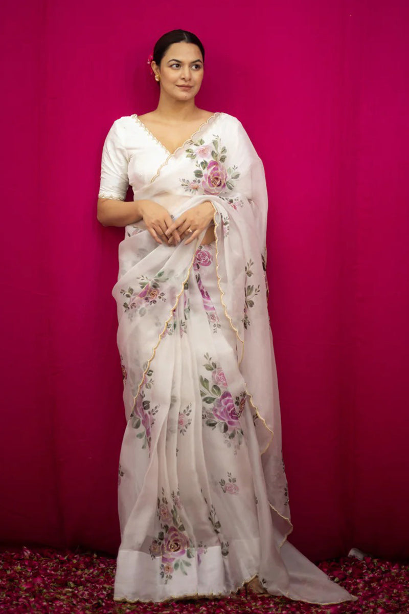 Magnific 1 Minute Ready To Wear White Organza Saree
