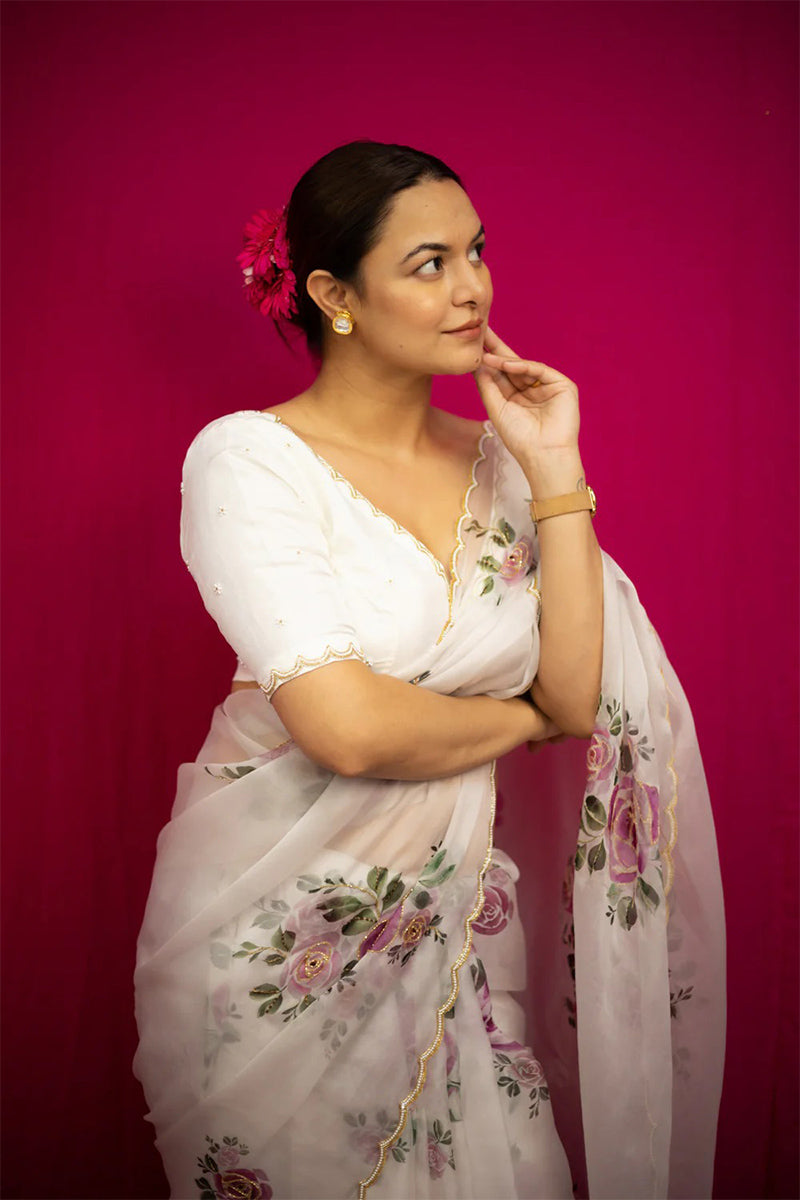 Magnific 1 Minute Ready To Wear White Organza Saree