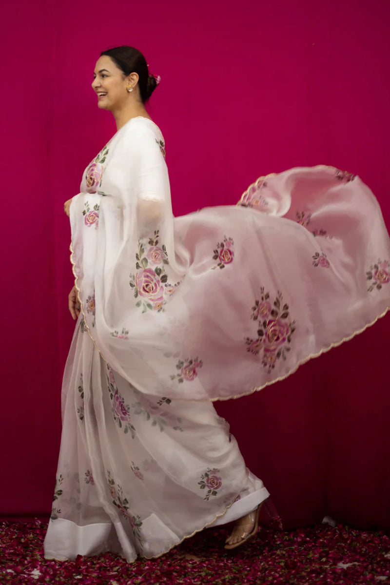 Magnific 1 Minute Ready To Wear White Organza Saree