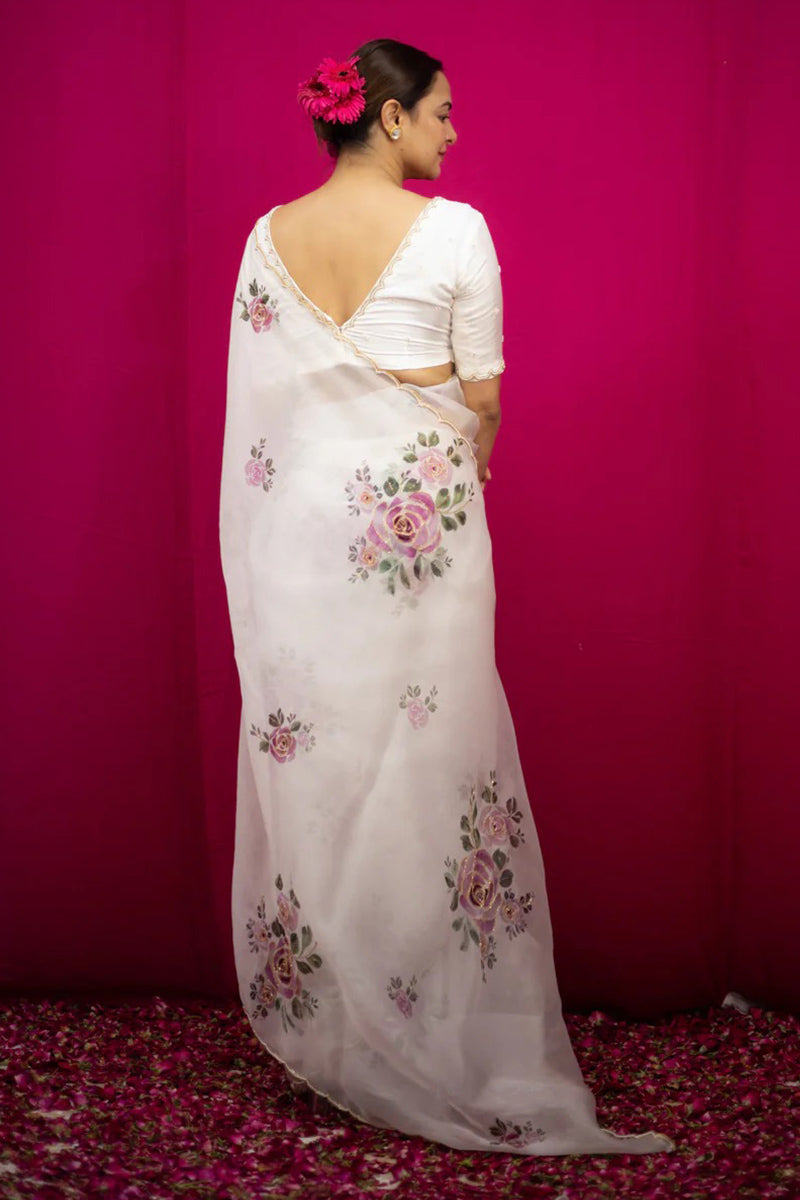 Magnific 1 Minute Ready To Wear White Organza Saree