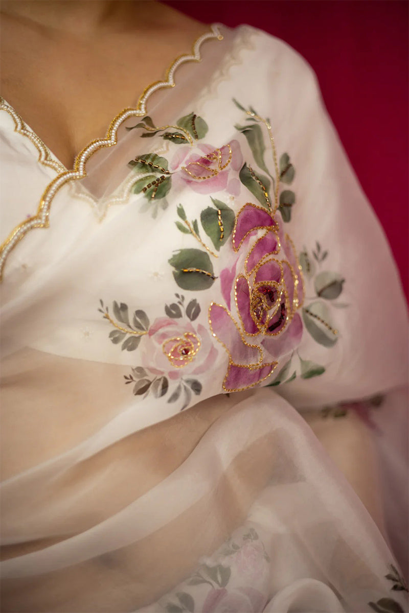Magnific 1 Minute Ready To Wear White Organza Saree