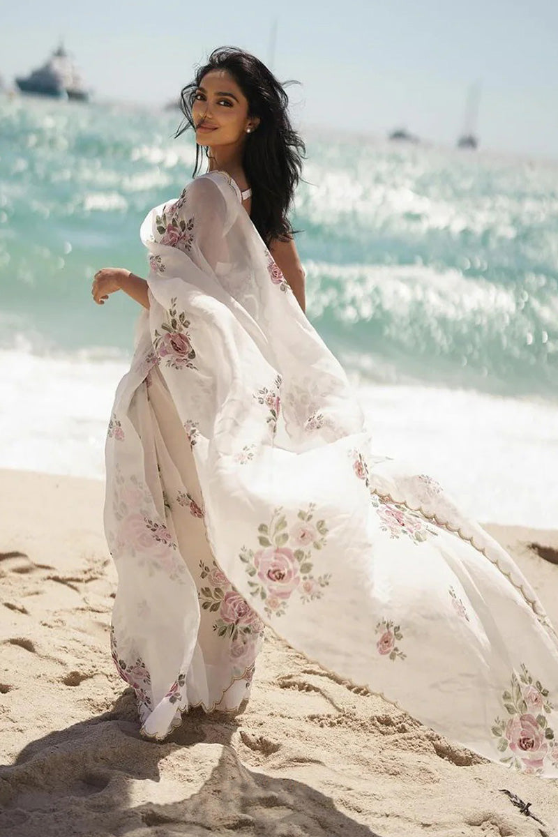 Magnific 1 Minute Ready To Wear White Organza Saree