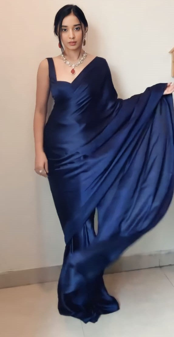 Lassitude 1 Minute Ready To Wear Navy Blue Satin Silk Saree