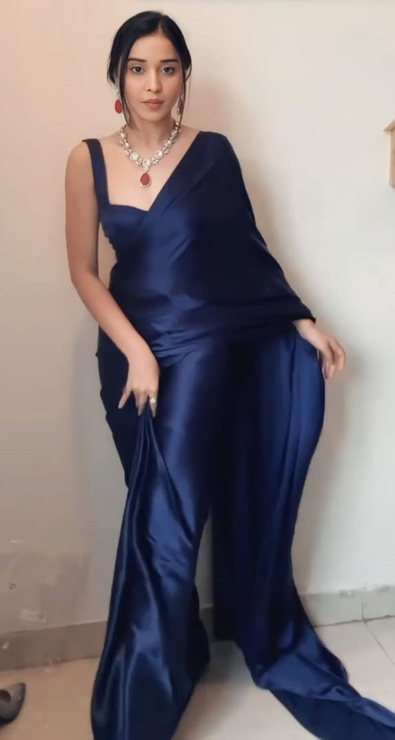 Lassitude 1 Minute Ready To Wear Navy Blue Satin Silk Saree