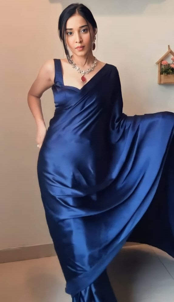 Lassitude 1 Minute Ready To Wear Navy Blue Satin Silk Saree