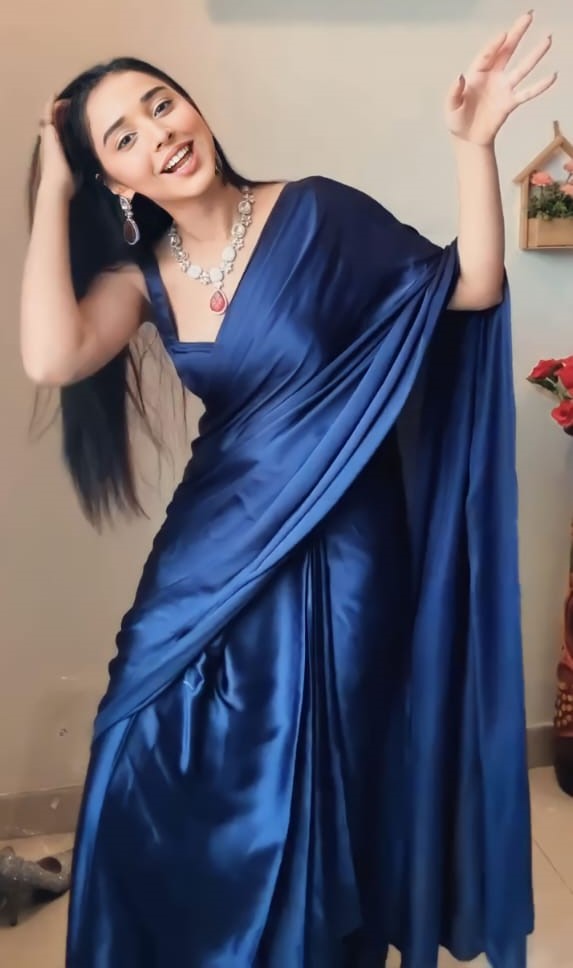 Lassitude 1 Minute Ready To Wear Navy Blue Satin Silk Saree