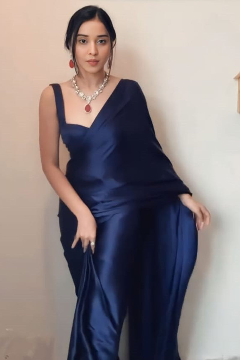 Lassitude 1 Minute Ready To Wear Navy Blue Satin Silk Saree