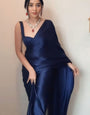 Lassitude 1 Minute Ready To Wear Navy Blue Satin Silk Saree