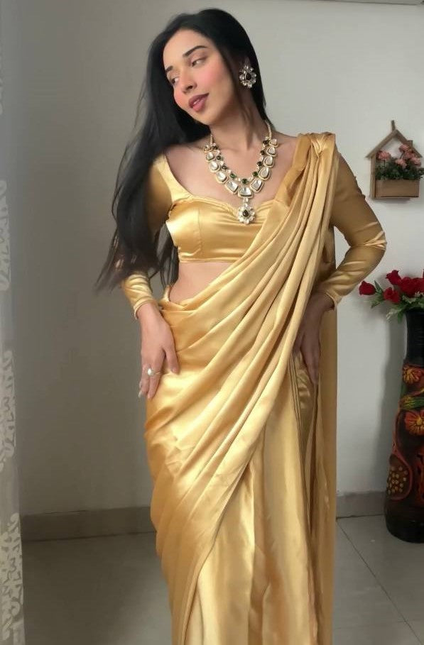 Imaginative 1 Minute Ready To Wear Gold Satin Silk Saree