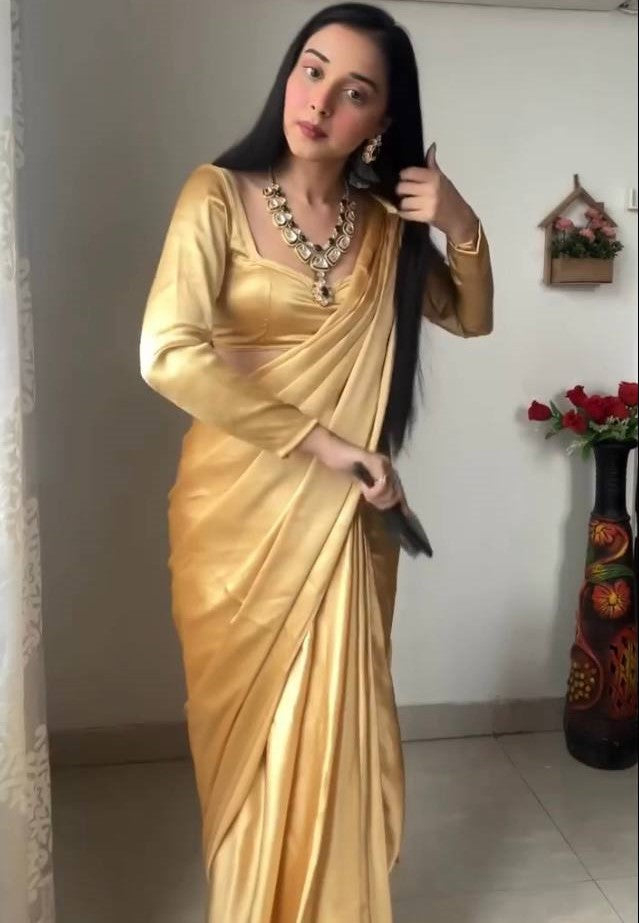 Imaginative 1 Minute Ready To Wear Gold Satin Silk Saree