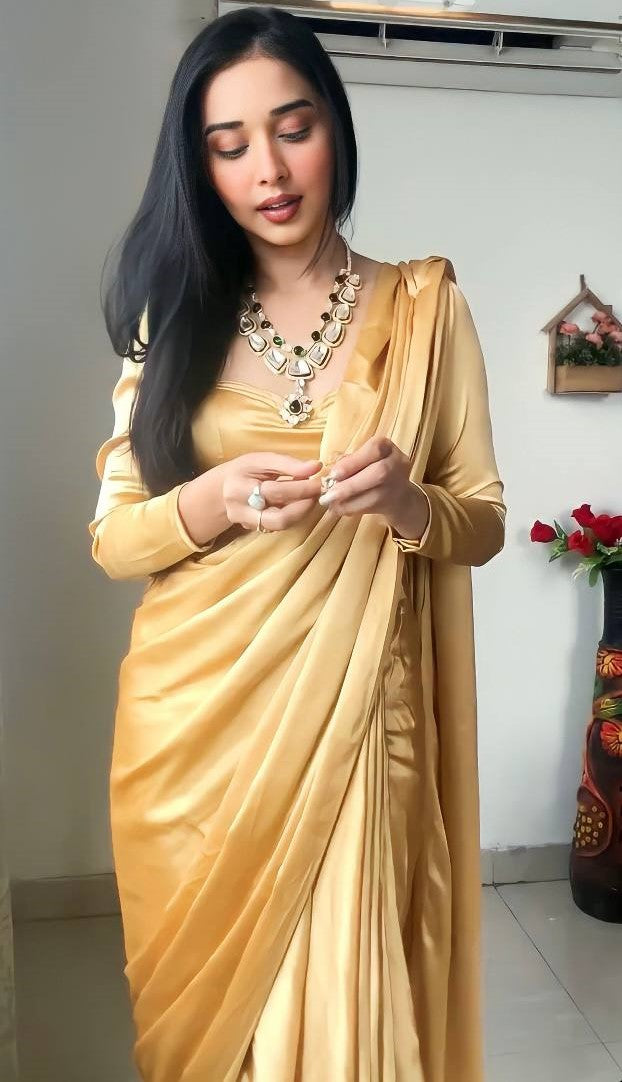 Imaginative 1 Minute Ready To Wear Gold Satin Silk Saree