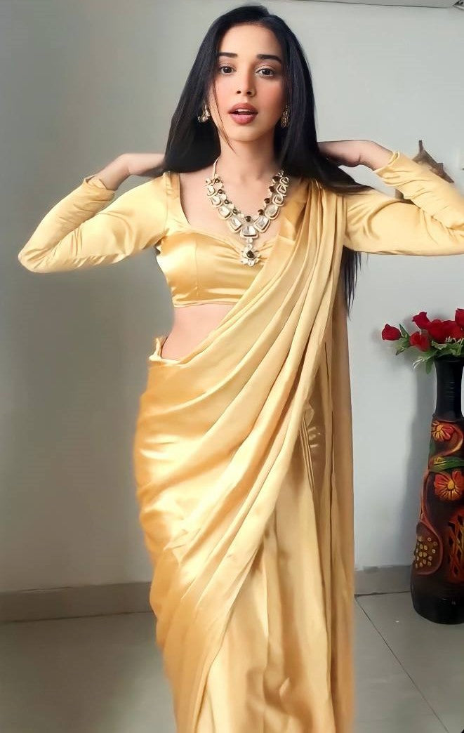 Imaginative 1 Minute Ready To Wear Gold Satin Silk Saree