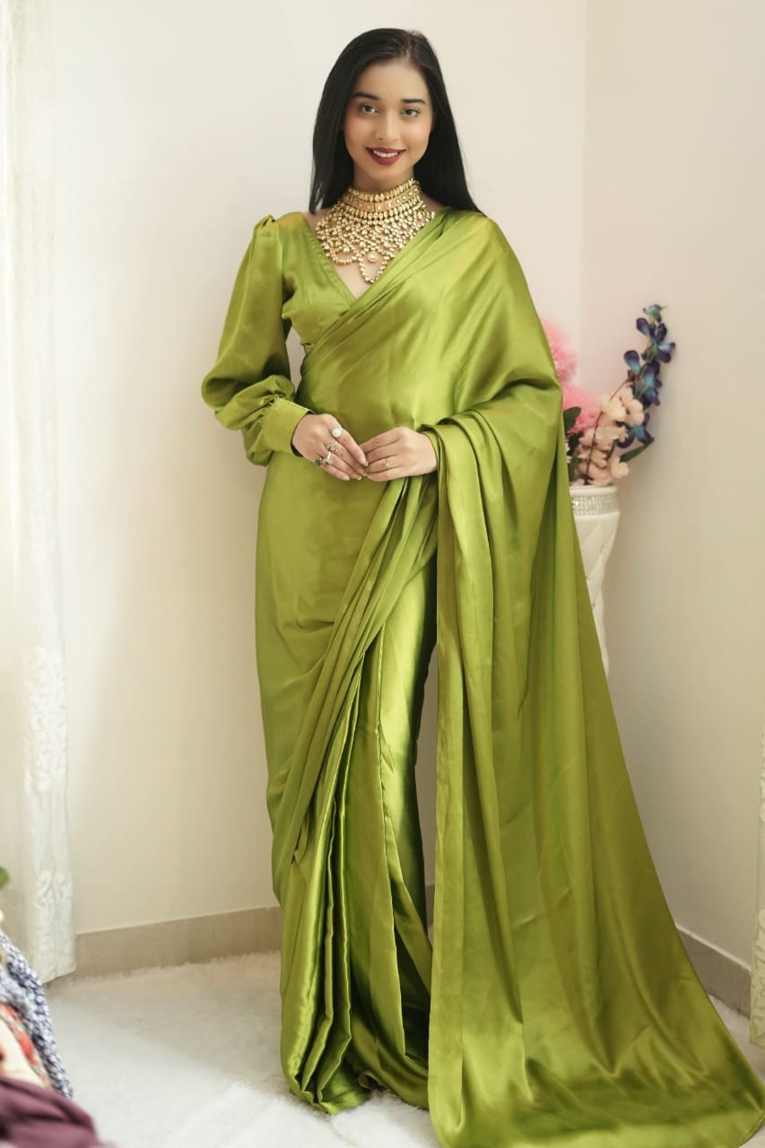 Magnific 1 Minute Ready To Wear Mehndi Satin Silk Saree