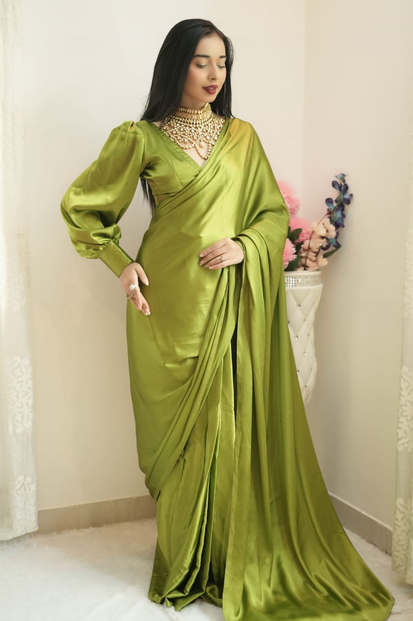 Magnific 1 Minute Ready To Wear Mehndi Satin Silk Saree