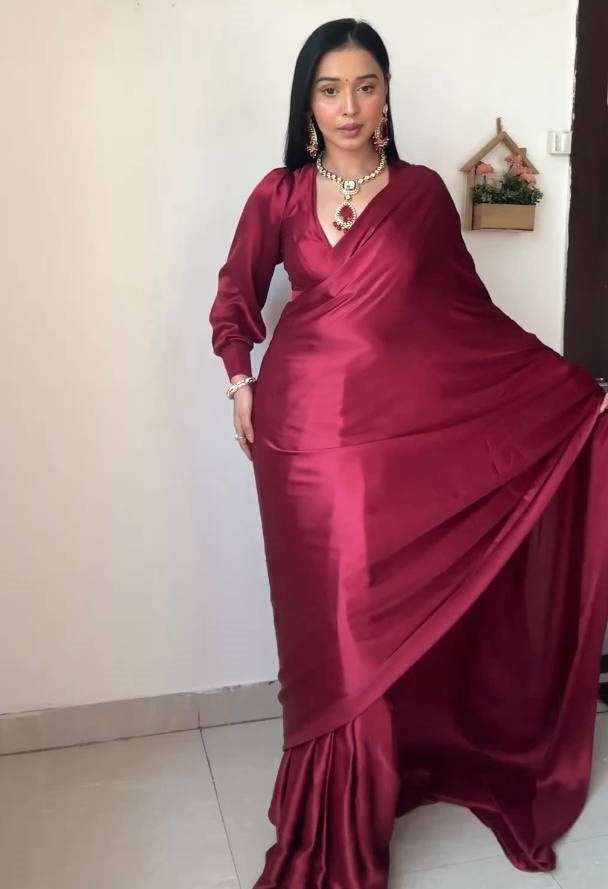 Panoply 1 Minute Ready To Wear Dark Pink Satin Silk Saree