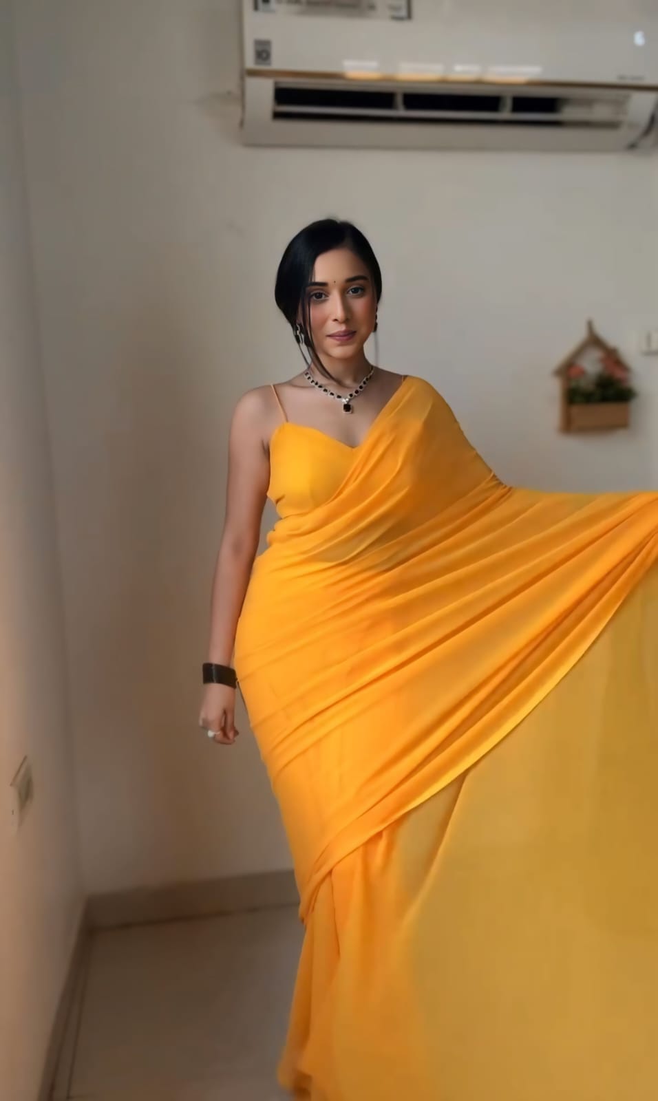 Effervescent 1 Minute Ready To Wear Yellow Georgette Saree