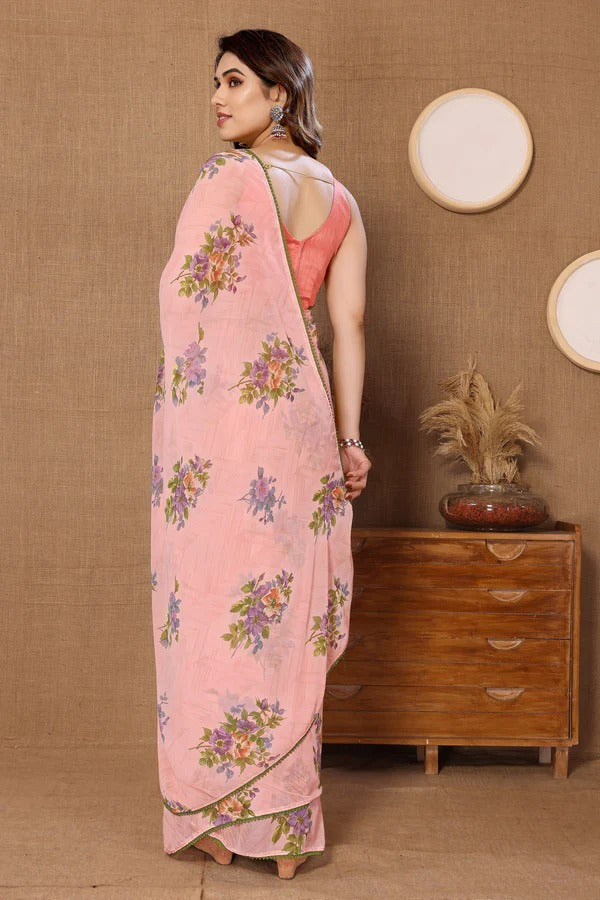 Unequalled 1 Minute Ready To Wear Pink Georgette Floral Digital Print Saree