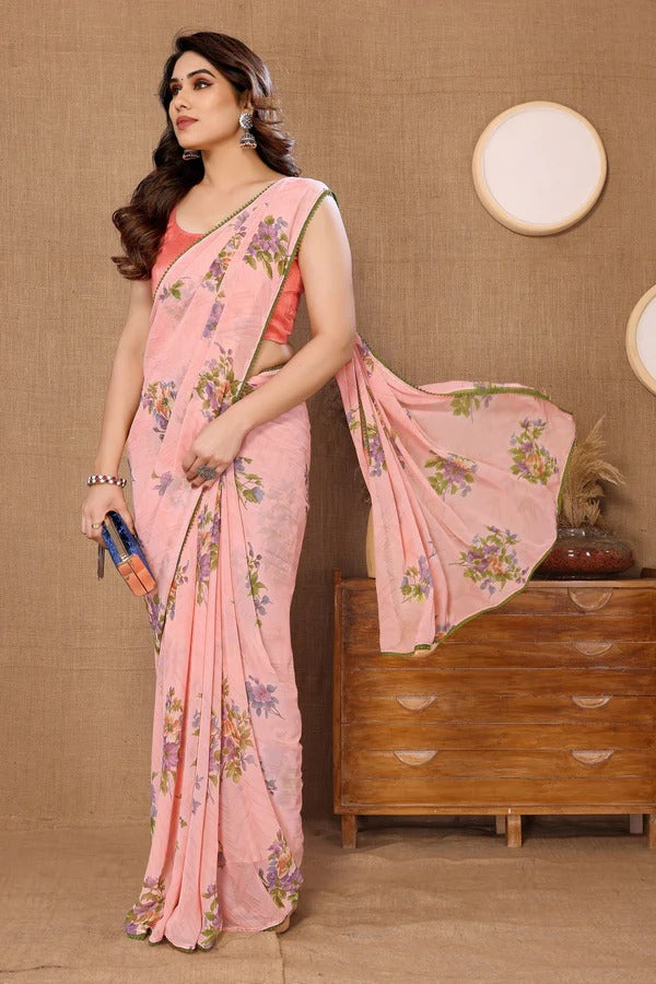 Unequalled 1 Minute Ready To Wear Pink Georgette Floral Digital Print Saree